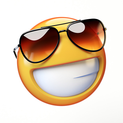 Cool emoji isolated on white background, smiling emoticon with sunglasses 3d rendering