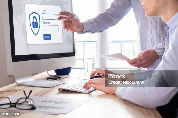 Cyber Security Concept Authentication Screen On Computer Confidential Business Data Stock Photo - Download Image Now