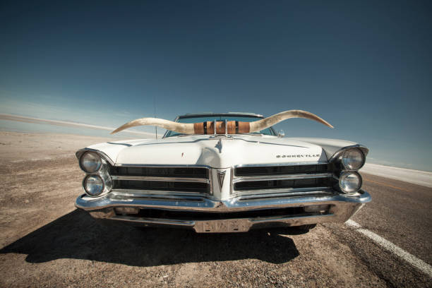 Classic car with horns on the side of the salt flats in Utah USA Bonneville: Pontiac Bonneville car parked on the side of the Bonneville Salt Flats in Utah USA.  The Bonneville Salt Flats is a densely packed salt pan in Tooele County in northwestern Utah. The area is a remnant of the Pleistocene Lake Bonneville and is the largest of many salt flats located west of the Great Salt Lake. The property is public land managed by the Bureau of Land Management and is known for land speed records at the "Bonneville Speedway". Access is free and visitors can drive on the flats. bonneville salt flats stock pictures, royalty-free photos & images