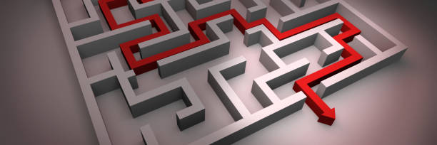 istock white maze structure with red arrow showing the path through the maze (3d render banner) 854571994