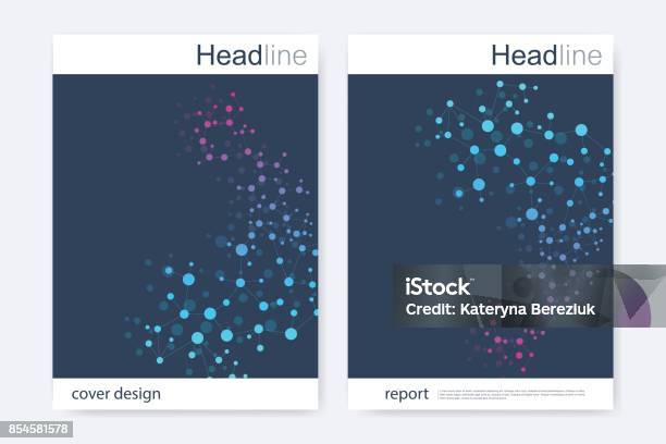 Scientific Brochure Design Template Vector Flyer Layout Molecular Structure With Connected Lines And Dots Scientific Pattern Atom Dna With Elements For Magazine Leaflet Cover Poster Design Stock Illustration - Download Image Now