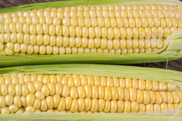 istock Fresh corn on cobs on rustic wooden table, closeup, top view, copy space 854582298