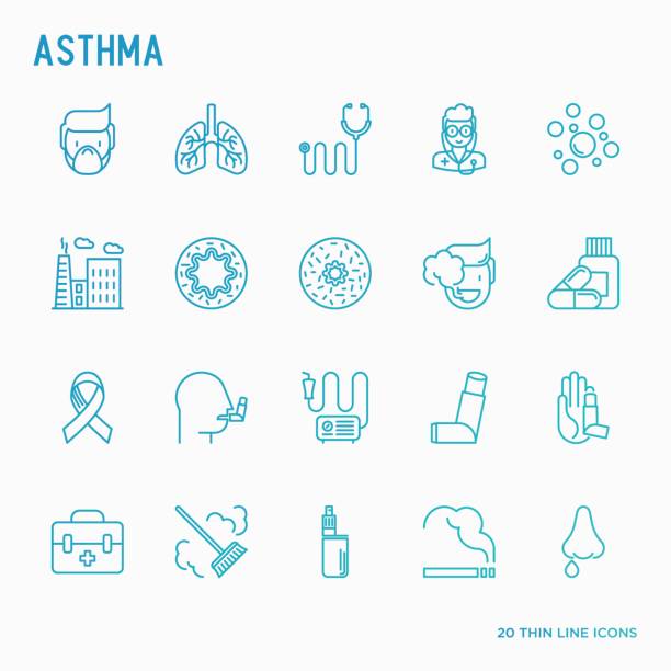 Asthma thin line icons: air pollution, smoking, respirator, therapist, inhaler, bronchi, allergy symptoms and allergens. Vector illustration. Asthma thin line icons set: air pollution, smoking, respirator, therapist, inhaler, bronchi, allergy symptoms and allergens. Vector illustration. asma stock illustrations