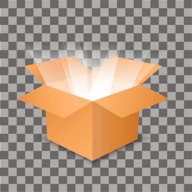 offenen karton mit einem leuchten im inneren auf transparent.  vektor-illustration. - box open package magic stock-grafiken, -clipart, -cartoons und -symbole