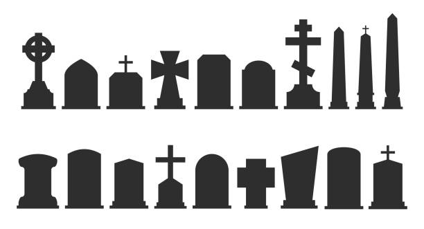 ilustraciones, imágenes clip art, dibujos animados e iconos de stock de conjunto de siluetas de lápida aislado sobre fondo blanco. ilustración de vector - place of burial illustrations