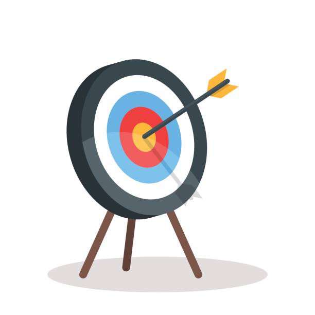 Vector image of the arrow is exactly on the target. Vector illustration isolated on white background Vector image of the arrow is exactly on the target Vector illustration isolated on white background. archery range stock illustrations