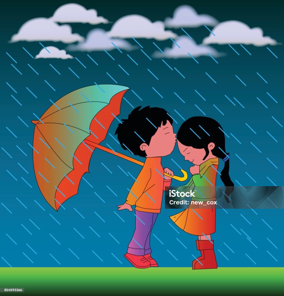 Romantic Cartoon Couple In Rain Vector Illustration With Nice ...