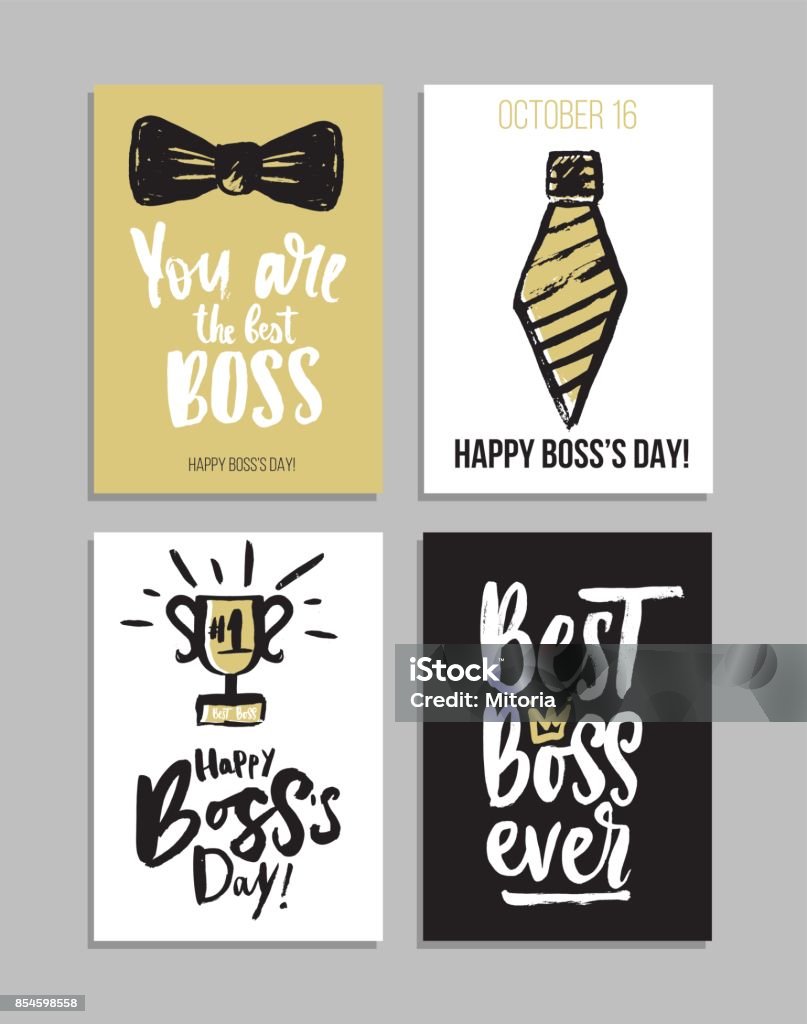 Boss's day card set with modern calligraphy.Gift tags with gold, black, white colors. Lettering deign for greeting cards or party invitations. Best boss ever. You are the best boss. Happy Boss's Day. Day stock vector