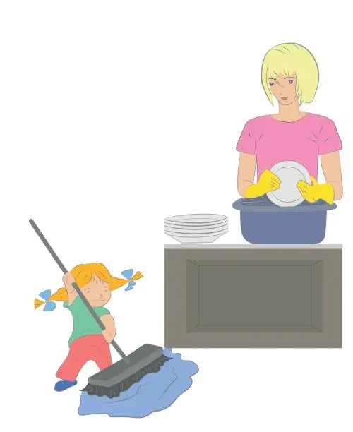 Vector illustration of Daughter helps mum to clean up. Mother's day. vector illustration.