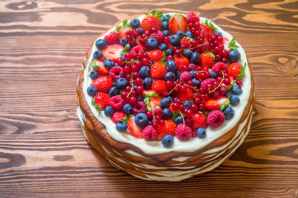 istock Top view delicious cake with berries 854613804