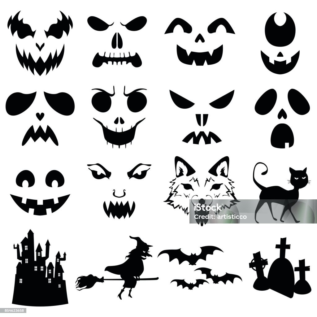 Halloween Pumpkins Carved Silhouettes Template A vector illustration of Halloween Pumpkins Carved Silhouettes Template Stencil stock vector