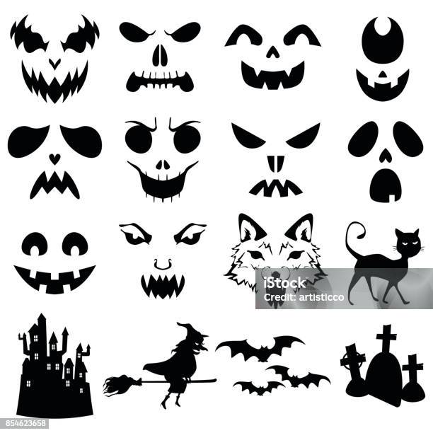 Halloween Pumpkins Carved Silhouettes Template Stock Illustration - Download Image Now - Stencil, Pumpkin, Carving - Craft Product