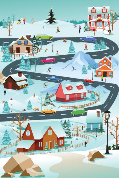 bildbanksillustrationer, clip art samt tecknat material och ikoner med winter village med personer bilar och byggnader illustration - vinter väg bil