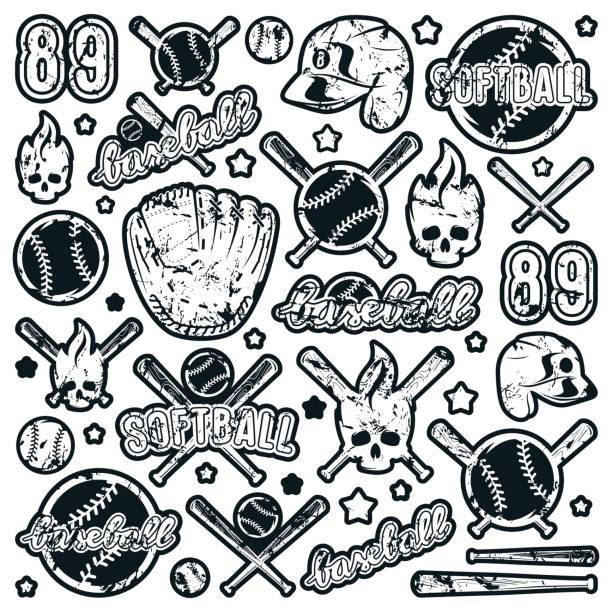 symbol und abzeichen set baseball und softball equipment - skull baseball ball stock-grafiken, -clipart, -cartoons und -symbole