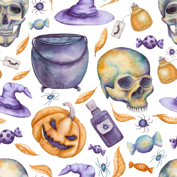 бесшовный узор акварели конфеты, черепа, шляпа, листья и тыквы - kitchen utensil gourd pumpkin magical equipment stock illustrations