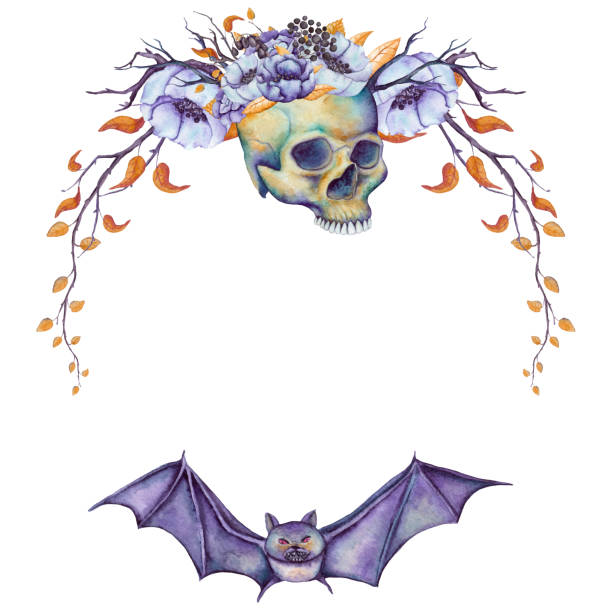 kranz mit aquarell bat, menschlicher schädel und blumen - scroll shape frame skull decoration stock-grafiken, -clipart, -cartoons und -symbole