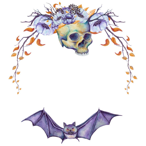 ilustrações de stock, clip art, desenhos animados e ícones de wreath with watercolor bat, human skull and flowers - scroll shape frame skull decoration