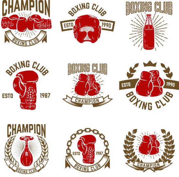 ilustrações de stock, clip art, desenhos animados e ícones de set of boxing club emblems. boxing gloves. - boxing glove sports glove retro revival old fashioned