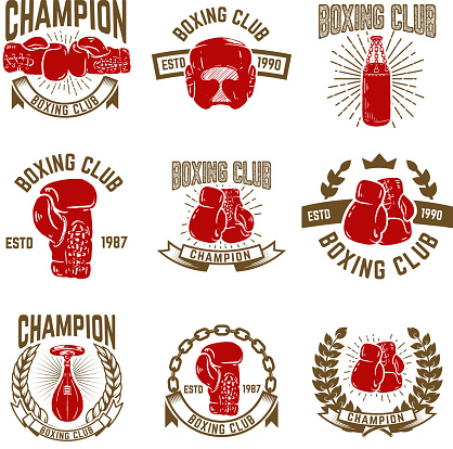 Set of boxing club emblems. boxing gloves. Design elements for label, emblem, sign. Vector illustration