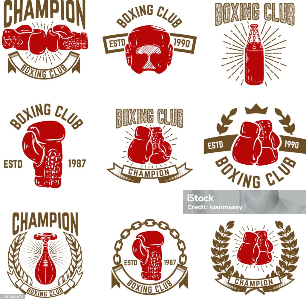 Set of boxing club emblems. boxing gloves. Set of boxing club emblems. boxing gloves. Design elements for label, emblem, sign. Vector illustration Boxing - Sport stock vector