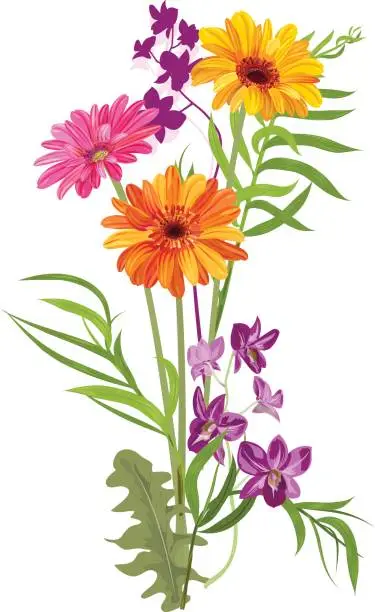 Vector illustration of Bouquet of Gerbera daisy, Dendrobium phalaenopsis orchid, bamboo palm: orange, red, purple flowers, green leaves on white background, digital draw, illustration in watercolor style for design, vector