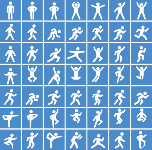 People in motion Active Lifestyle Vector Icon Set People in motion Active Lifestyle Vector Icon Set. This black and white icon set featured 49 icons of stick figure people in various positions. They are ideal to illustrate active and healthy lifestyle. Each icon is designed to be used on it's own or as part of this set. jumping jacks stock illustrations