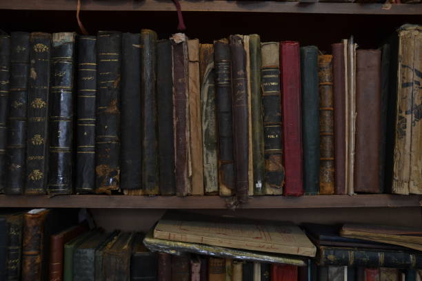 Old books on the shelf of antiquarian stock photo