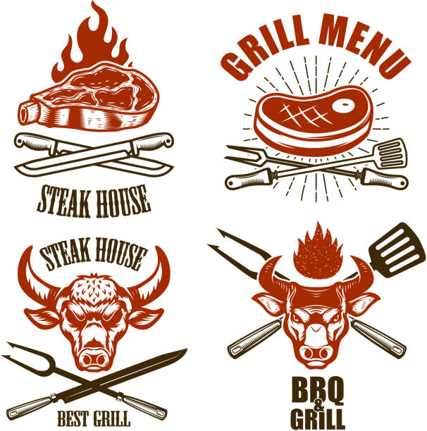 Set of steak house emblem templates. Bbq grill menu. Set of steak house emblem templates. Bbq grill menu. Design element for label, emblem, sign. Vector illustration bbq logos stock illustrations