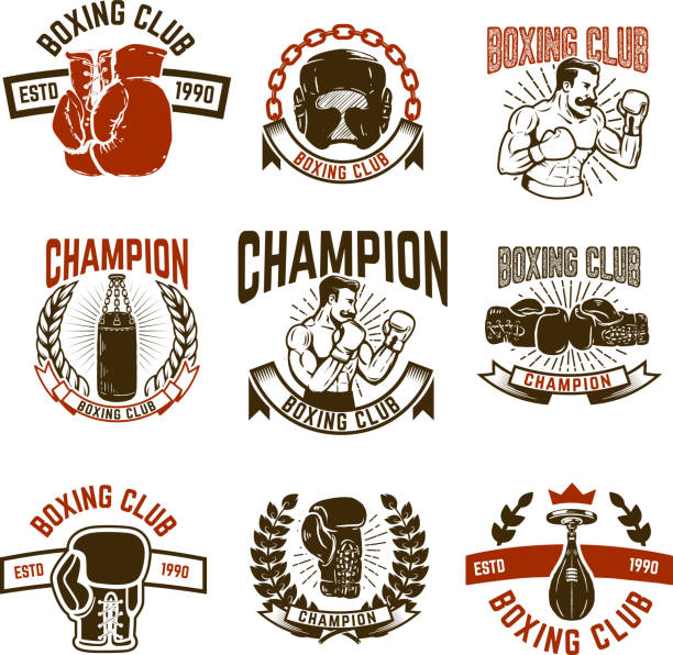 ilustrações de stock, clip art, desenhos animados e ícones de set of boxing club emblems. boxing gloves. - boxing glove sports glove retro revival old fashioned