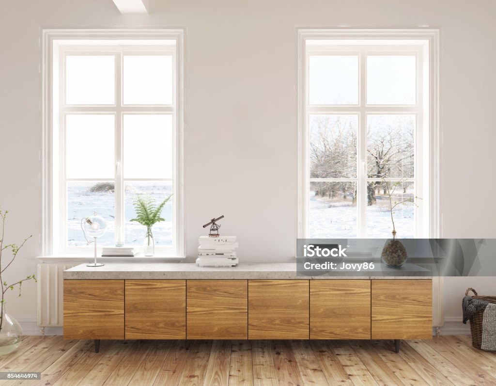 Dresser in the living room with beautiful view 3d render Window Stock Photo