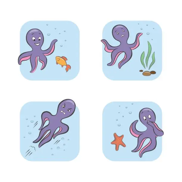 Vector illustration of Set vintage icon emoji octopus