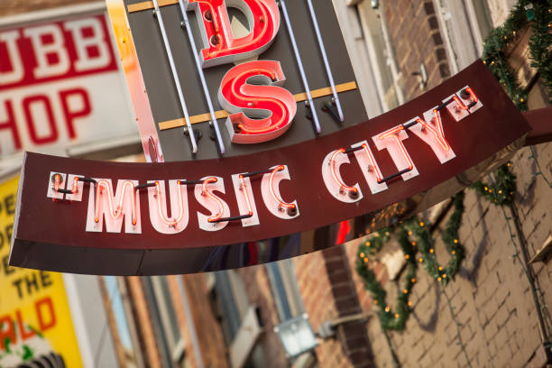 Music city neon lights Nashville, Tennessee USA stock photo