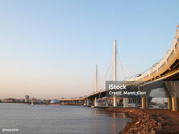 Cablestayed Bridge Over The River Stock Photo - Download Image Now - Horizontal, No People, Photography