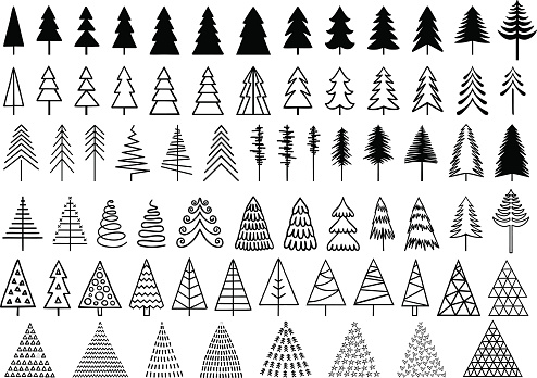 72 Christmas trees for modern, minimalist cards, set of vector design elements