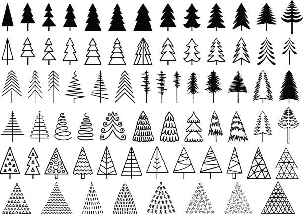 Christmas trees, vector set 72 Christmas trees for modern, minimalist cards, set of vector design elements coniferous tree illustrations stock illustrations