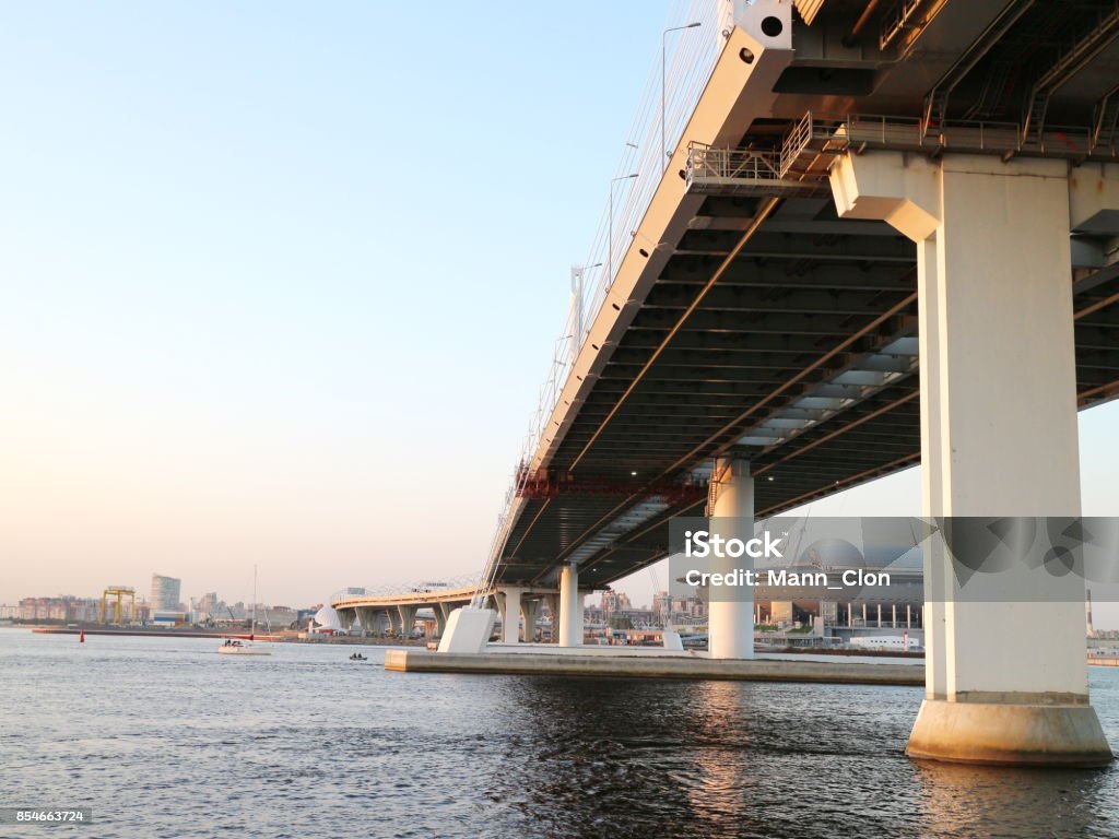 cable-stayed bridge over the river Horizontal Stock Photo