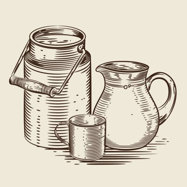 ilustrações de stock, clip art, desenhos animados e ícones de vector image of a milk canister, a jug for milk and a cup. monochrome depiction in the style of engraving - jarro de leite