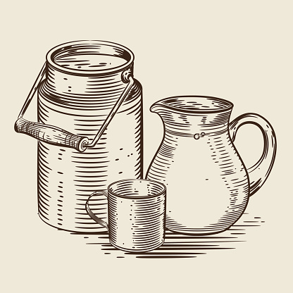 Vector image of a milk canister, a jug for milk and a cup