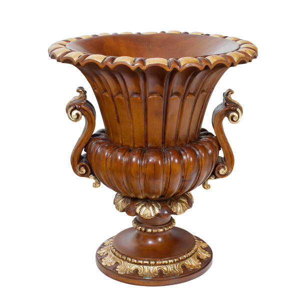 Carved wooden vase isolated on white background. stock photo