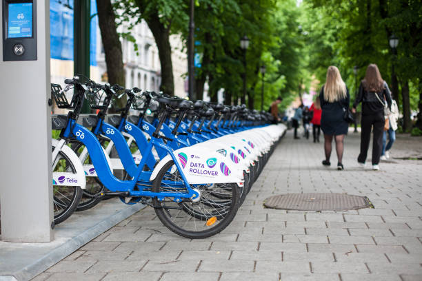OSLO, NORWAY - JUNE 08, 2017 : Bicycles from Norwegian bike sharing program Bysykkel (City Bike) are lined up in the streets