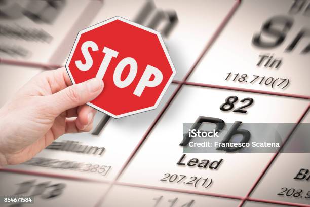 Stop Heavy Metals Concept Image With Hand Holding A Stop Sign Against A Lead Chemical Element With The Mendeleev Periodic Table On Background Stock Photo - Download Image Now