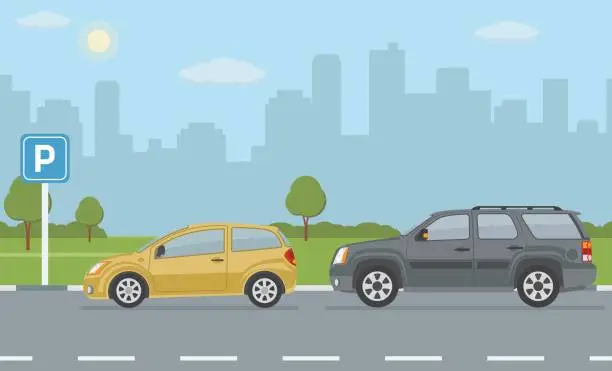 Vector illustration of Parking lot with two cars on city background.
