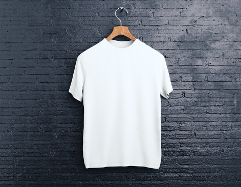 White Tshirt On Brick Background Stock Photo - Download Image Now - T-Shirt,  Coathanger, White Color - iStock