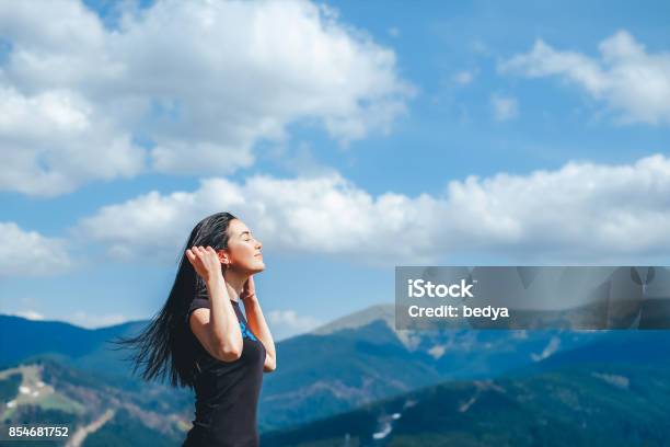 Tourist Girl Enjoy Nature Stock Photo - Download Image Now - Breath Vapor, Mountain, Outdoors