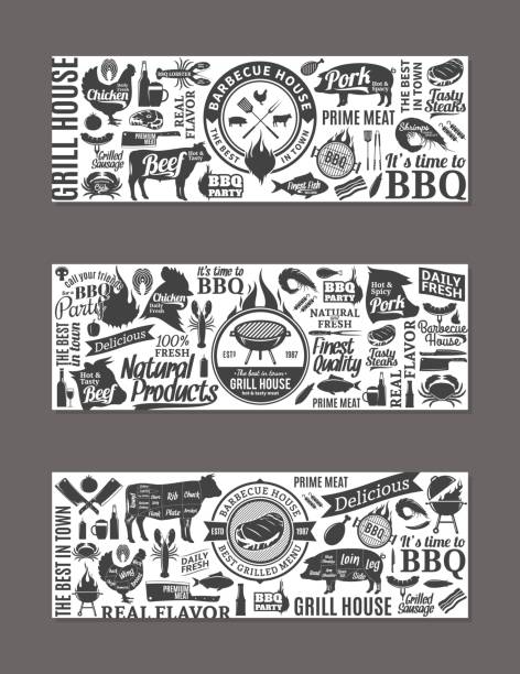 Vector barbecue, grill and steak house banners Vector barbecue banners. BBQ, meat, vegetables, beer, wine and equipment icons for cafe, bar and restaurant menu, branding and identity butchers shop illustrations stock illustrations