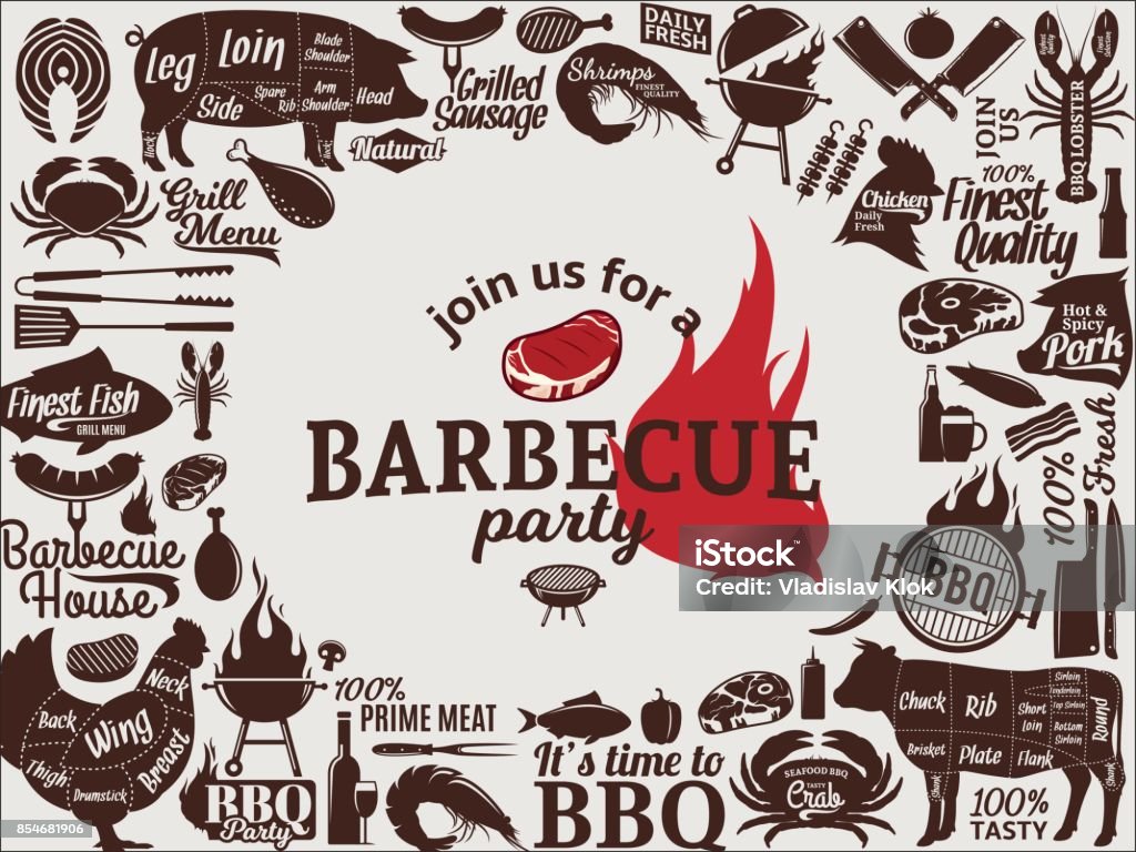 Vector barbecue party invitation Vector barbecue party invitation. BBQ, meat, vegetables, beer, wine and equipment icons for cafe, bar and restaurant menu, branding and identity Barbecue - Meal stock vector