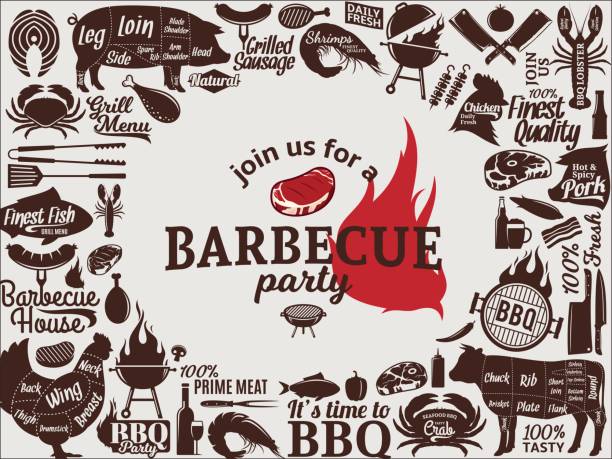 Vector barbecue party invitation Vector barbecue party invitation. BBQ, meat, vegetables, beer, wine and equipment icons for cafe, bar and restaurant menu, branding and identity butchers shop illustrations stock illustrations