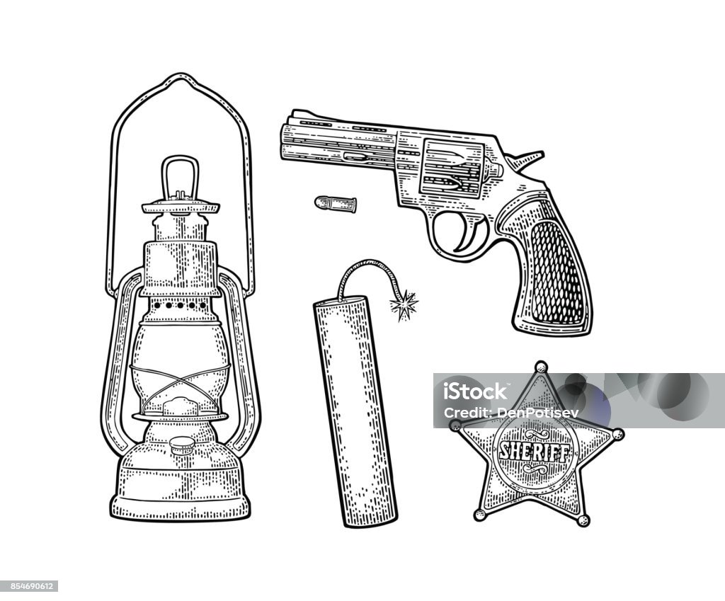 Set with Wild West. Vector vintage engraving black illustration Set with Wild West. Sheriff star, revolver , bullet, TNT dynamite bomb, antique oil lamp . Vector vintage black engraving isolated on white background. Ancient stock vector