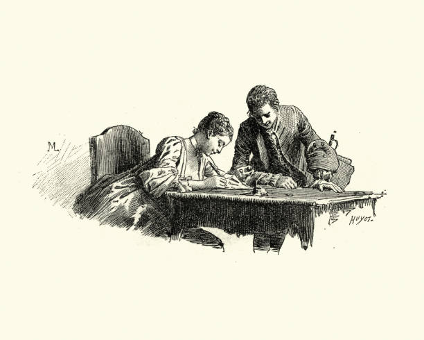 illustrazioni stock, clip art, cartoni animati e icone di tendenza di manon lescaut - giovane donna che scrive una lettera del xviii secolo - author writing retro revival women