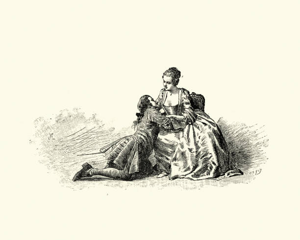 manon lescaut - młody mężczyzna błagający kobietę - couple love old fashioned traditional culture stock illustrations